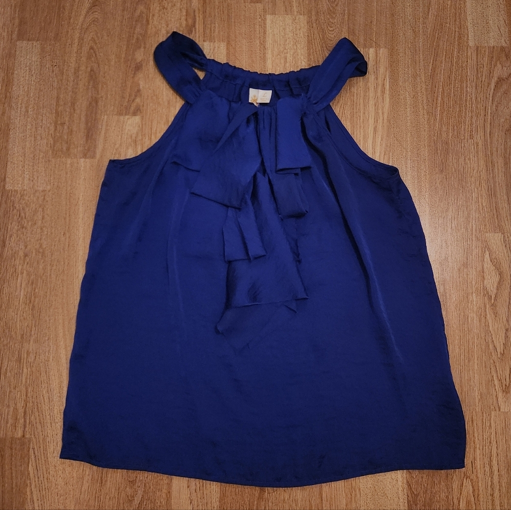 Adiva Racer Back Sleeveless Ruffled Blouse Blue Large